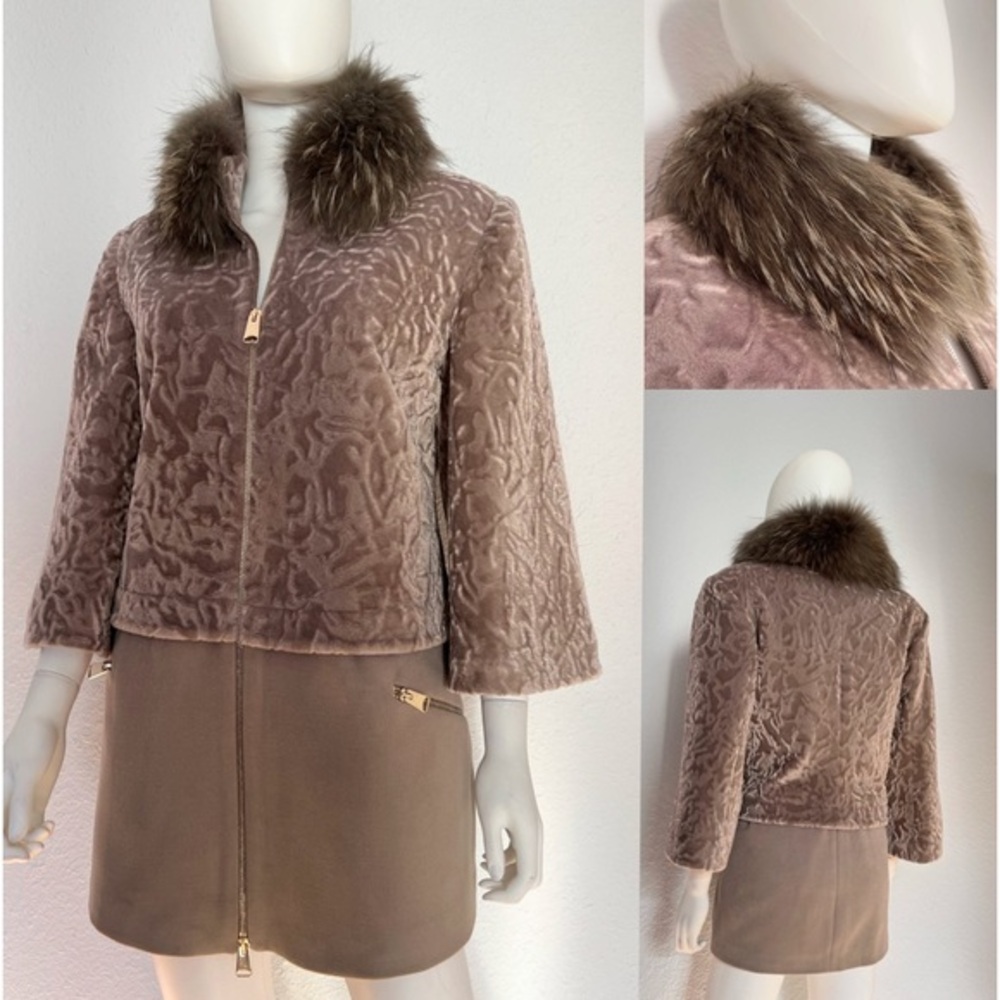 NWT WOMEN COAT‎ REAL RACCOON COLLAR  ZIPPED 3/4 SLEEVES INSULATED BEIGE JACKET